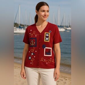 Susan Graver Nautical Short Sleeve Knit Cardigan Sailboat Novelty Sweater‎ Artsy